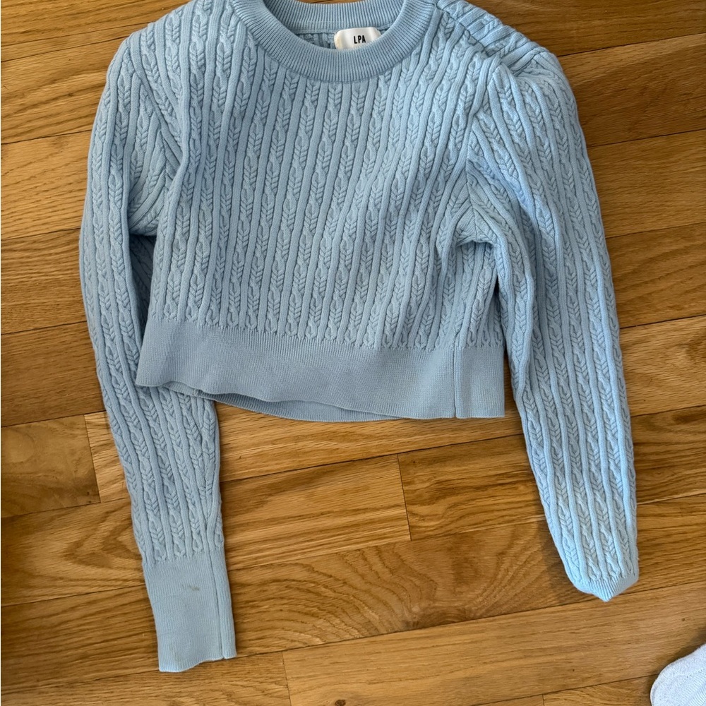 Light Blue Cable Knit Sweater with Padded Shoulder